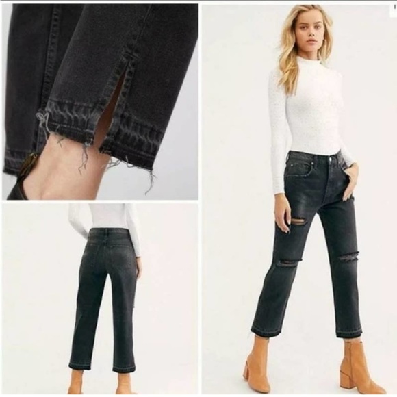 Free People Lita High Rise Black Jeans | Distressed Baggy Mom Jean Boho Ankle - Picture 4 of 12